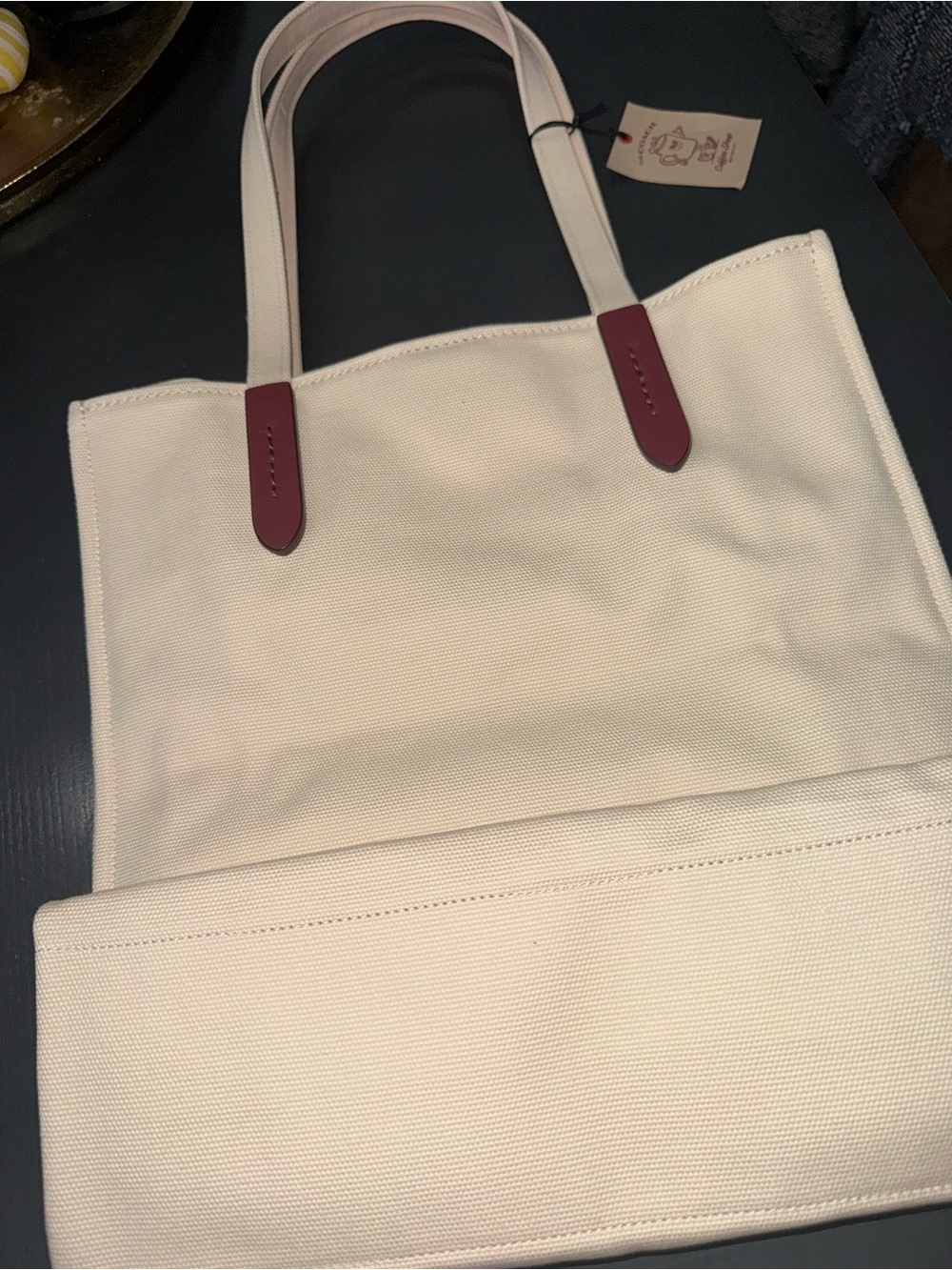 Coach Cream Canvas Tote with Burgundy Accents - Picture 2 of 3
